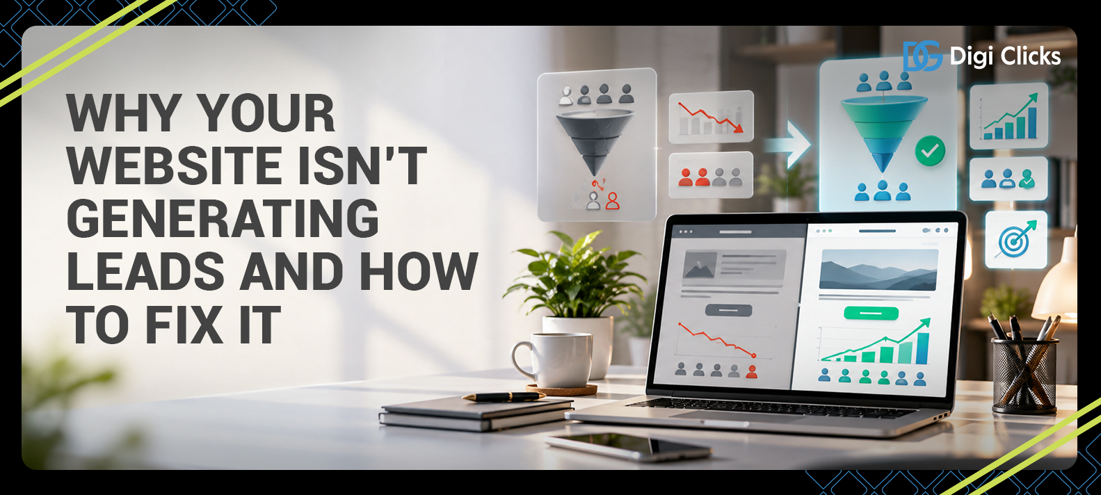 Digi Clicks banner reading ‘Why your website isn’t generating leads and how to fix it’, with a laptop, lead-generation funnels, and marketing performance charts