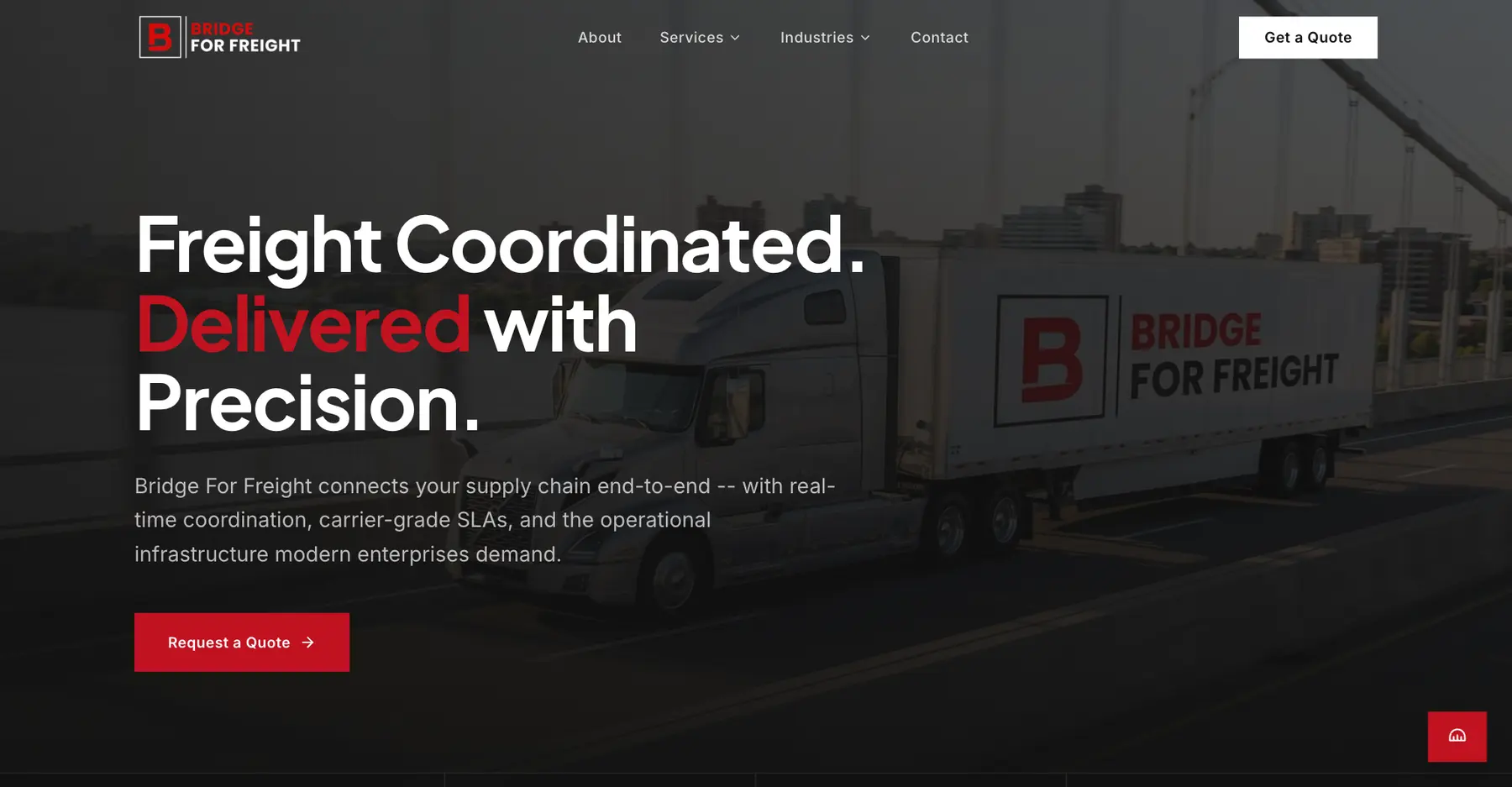 Bridge for Freight home page — Freight Coordinated. Delivered with Precision. — over a branded trailer
