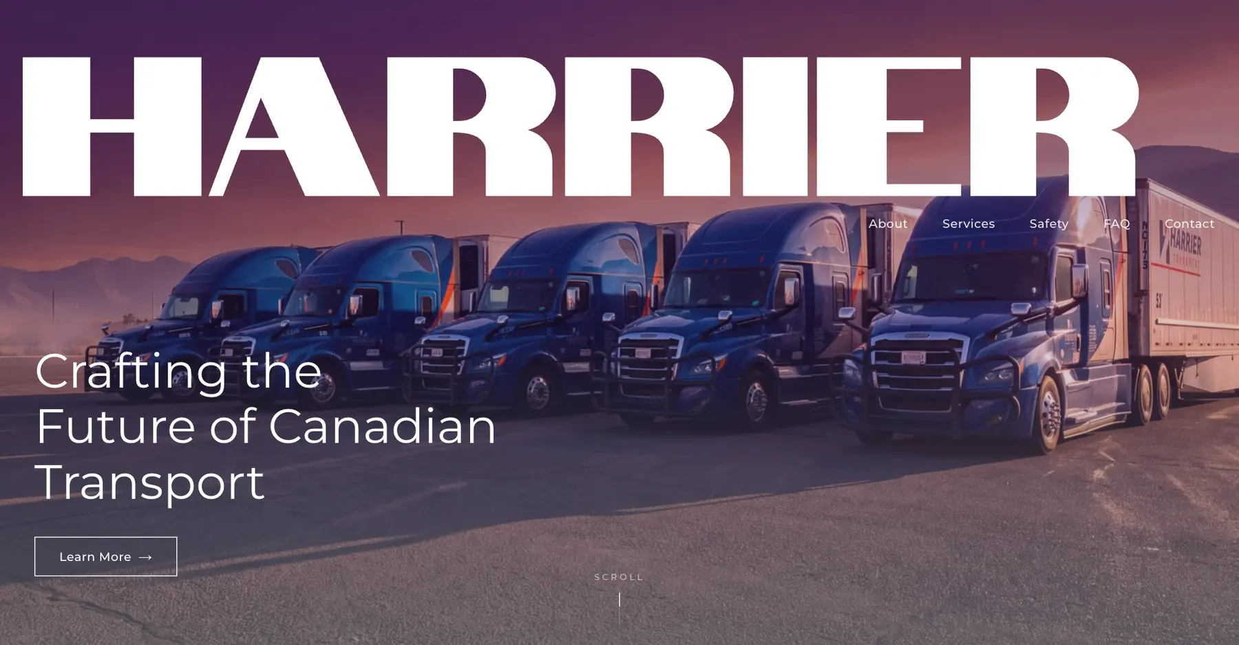 Harrier Transport home page — Crafting the Future of Canadian Transport — under a giant HARRIER wordmark and a line of trucks at dusk