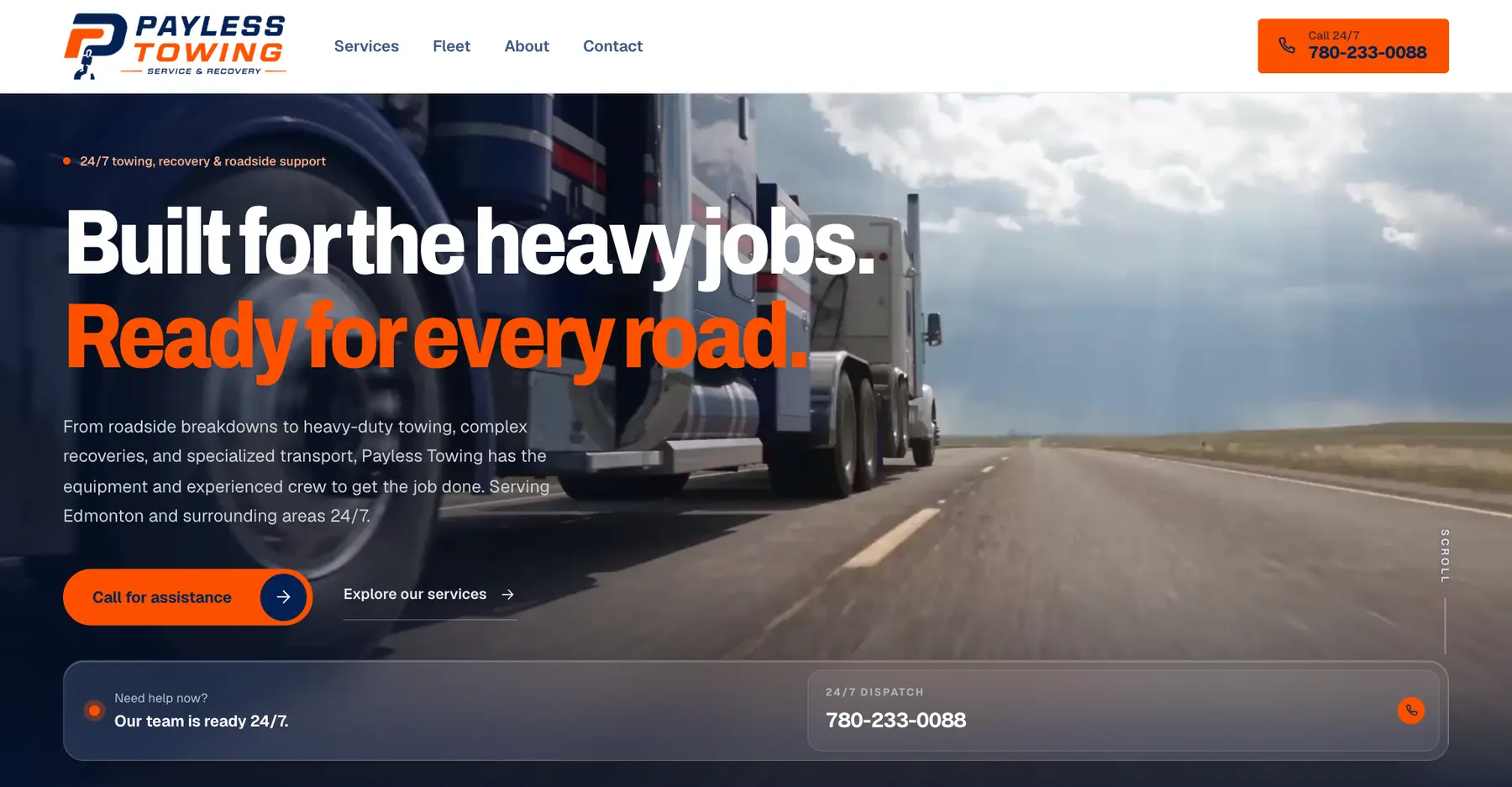 Payless Towing home page — Built for the heavy jobs. Ready for every road. — with a call-for-assistance button and the 24/7 dispatch number
