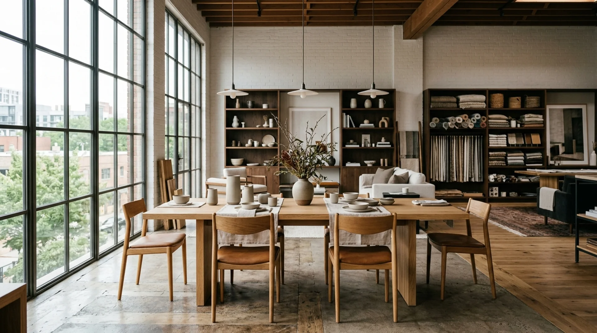 A couple looking through samples at an oak table in a bright furniture showroom